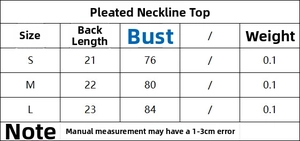 Detailed size chart for the halter neck draped top showing S, M, and L dimensions in centimeters