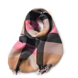 Colorful checkered scarf with pleats and fringe in pink, black, and gray tones