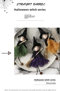 Detailed view of Halloween flying witch hanging dolls with mesh skirts and wooden brooms