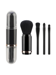 Detail of 4-in-1 portable makeup brush set with rose gold rings and clear capsule case