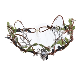 Detail of forest style headband with silver antlers, green leaves and a central deer head