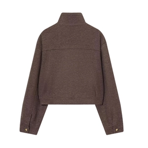 Deep brown wool jacket with standing collar and buttoned cuffs, back view flat lay
