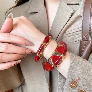 French vintage style red enamel geometric open bangles set with gold plated finish