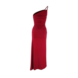 Detail of elegant dark red one shoulder dress featuring ruched fabric and slim fit design
