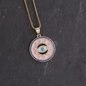 18K gold plated evil eye pendant necklace with pink enamel and sparkling colorful zircons