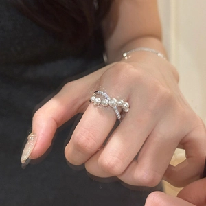 Fashion Crossover Ring Layered Alloy Zircon Pave Inlaid White Imitation Artificial Pearls Geometric Finger Jewelry For Women