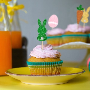 Glittery Easter cake toppers set featuring colorful bunnies, eggs, and carrots on sticks