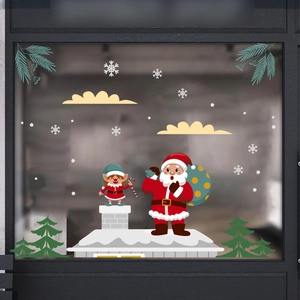 Stickers Muraux Noël Père Noël Elfe Flocons De Neige PVC Décalcomanies Fenêtre Décoration Maison Style Dessin Animé
