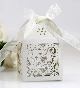 Detail showing white laser-cut heart pattern gift box with white ribbon bow