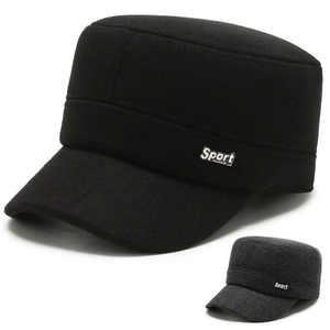 Men Winter Warm Cadet Cap Woolen Flat Top Hat Foldable Ear Flaps Outdoor Adjustable Sport Metal Label Fashion