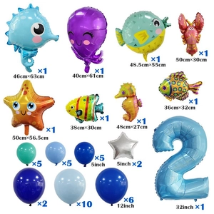 Ocean theme party balloon set with number 2 and cartoon sea animal foil balloons