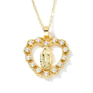Elegant gold heart pendant with Virgin Mary relief and sparkling cubic zirconia stones