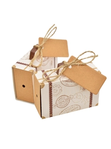 Detailed view of vintage travel suitcase gift boxes with twine and kraft paper tags