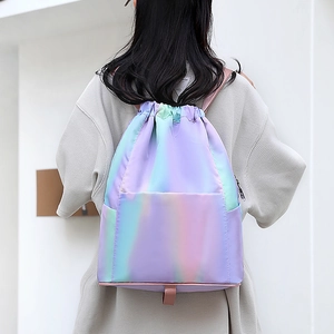 Waterproof drawstring backpack featuring a unicorn gradient purple blue design for sports