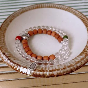 Beaded Bracelet White Crystal And Sandalwood Wood Layered Wrap S925 Sterling Silver Lucky Charm For Women New Chinese Style
