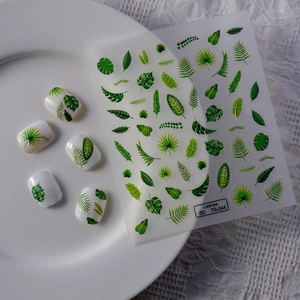 5D embossed green leaf nail stickers with tropical plants like palm and fern leaves