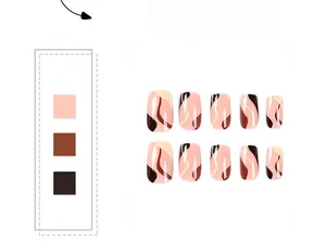Detail of 10-piece press on nails featuring abstract brown wave patterns and color swatches