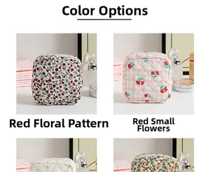 Detailed view of quilted cotton cosmetic bags with floral patterns and zipper closure