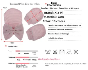 Conjunto de gorro y manoplas de punto para recién nacido con lazo rosa