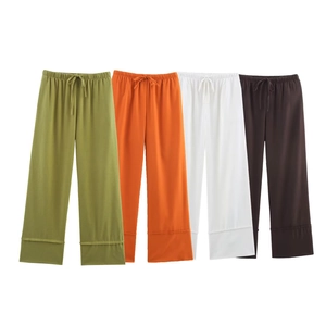 Linen wide leg trousers in green orange white and brown with drawstring waist