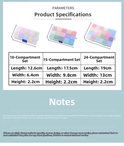 Transparent organizers with 10 to 24 compartments filled with 8mm colorful glass beads