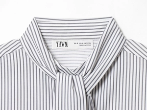 Detail shot of grey and white striped poplin shirt collar with tied scarf neckline