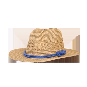 Classic straw sun hat with blue rope band, natural woven texture for summer beach trips