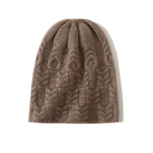 Brown cable knit cashmere beanie hat with three-dimensional woven pattern for men and women