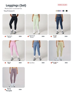 Gedetailleerd overzicht van zeven kleuropties voor elastische yoga leggings met hoge taille