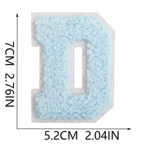 Detailed view of light blue chenille towel embroidery letter D patch with size dimensions