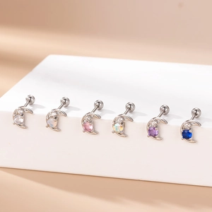 Set of 6 silver stainless steel moon ear studs with colorful zircon screw back balls