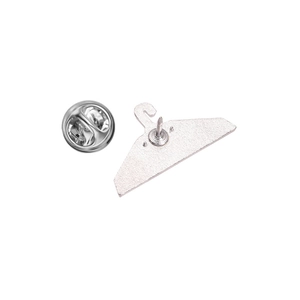 Detail view of the silver alloy hanger brooch back with secure butterfly clutch fastener