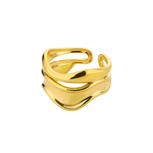 Minimalist irregular gold layered wave open ring with a polished metallic mirror finish