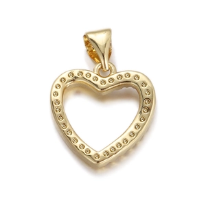 Detail of 18K gold heart pendant with textured beaded edges on a white background