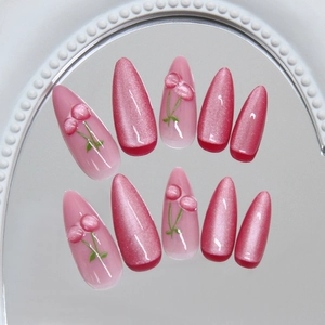 Pink cat eye press on nails with 3D cherry accents in long stiletto shape, 24 pieces set
