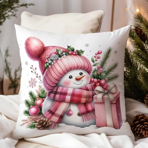 Fodera per cuscino con pupazzo di neve rosa su tessuto bianco con pigne e luci natalizie
