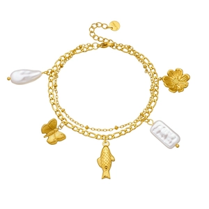 Double-layer gold stainless steel bracelet with butterfly, fish and pearl charms