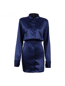 Elegant navy blue long sleeve satin shirt dress with a waist-cinching slim fit