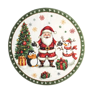Close-up of a festive round Christmas sticker with Santa, penguin, and snowman