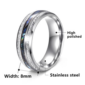 8mm high polished stainless steel men's ring with wood inlay and abalone shell design
