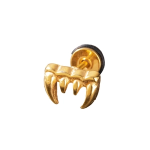 Men's gold-colored stainless steel stud earring in animal tusk shape on white background