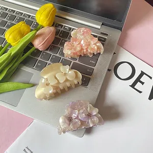 Flower Shaped Acetate Hair Claw Clips Elegant French Style Rhinestone Inlaid Sweet Floral Hair Clips For Women Girls