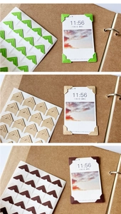 Detail of 24 pieces of kraft paper photo corners in green, brown and natural colors