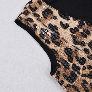Detailed macro view of leopard print fabric with high-density sequins and black trim