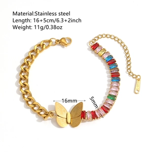 Bracelet papillon en acier inoxydable plaqué or 18 carats avec zircons colorés