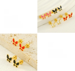 Macro detail of polished butterfly stud earrings featuring colorful enamel and secure screw backs