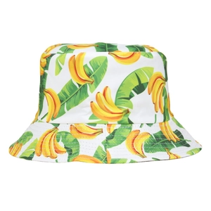 Tropical white bucket hat featuring yellow banana and green leaf prints for outdoor sun protection