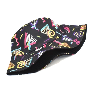 Vintage bucket hat with colorful neon geometric patterns and animal prints on black canvas