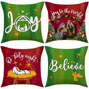 Christmas Pillow Covers Nativity Scene Religious Linen Joy Believe Print Holiday Decor For Sofa Couch Square Throw Cushion Case