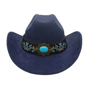 Navy blue cowboy hat featuring floral embroidery and a turquoise gemstone detail